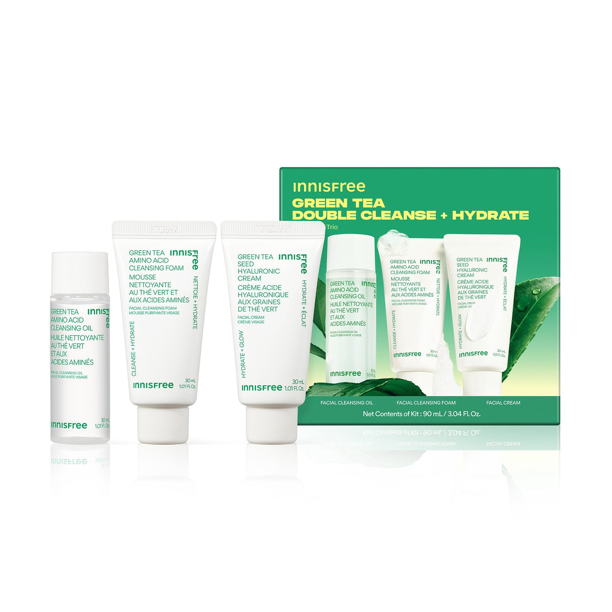 innisfree Green Tea Double Cleanse + Hydrate Trio front view with all products
