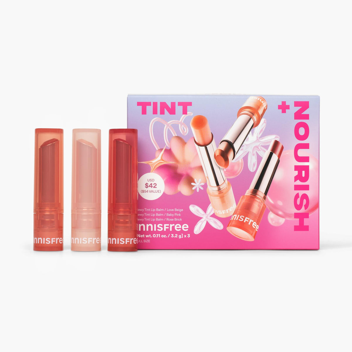 innisfree Tint + Nourish Set three shades of Dewy Tint Lip Balms