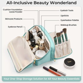 Inside compartments of HauteHues Travel Makeup Bag