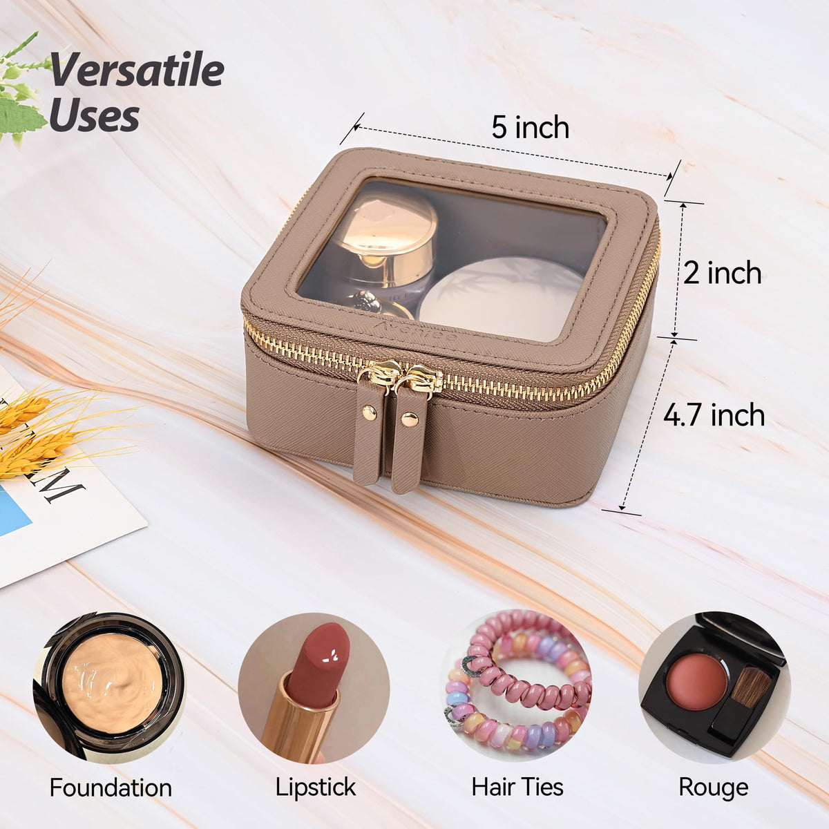 Inside view of Aveniee Mini Clear Makeup Bag with makeup items