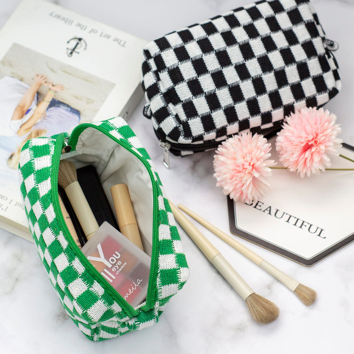 Inside view of PAZIMIIK Checkered Makeup Bag showing storage space