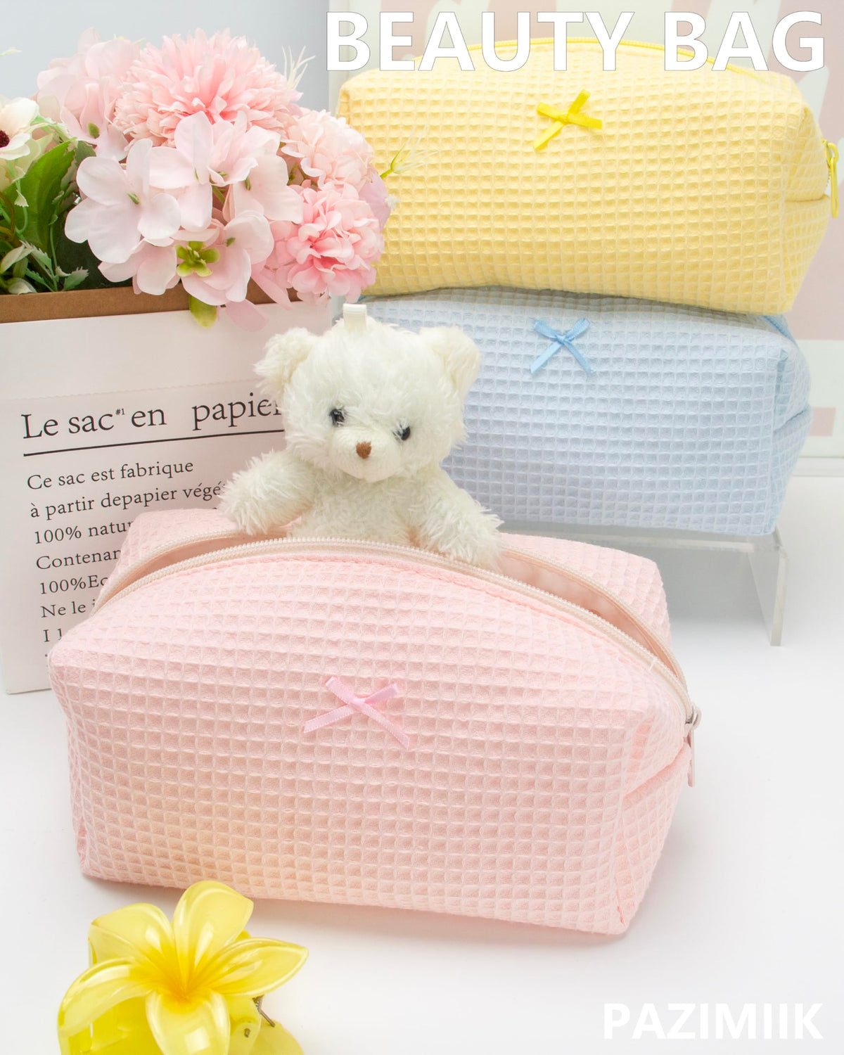 Inside view of PAZIMIIK Cozy Makeup Bag with organized cosmetics