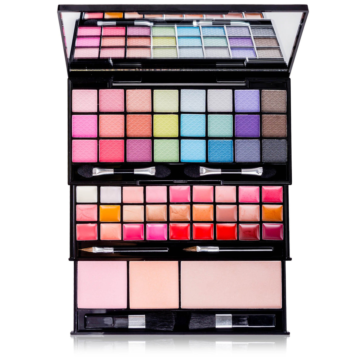 Inside view of SHANY makeup kit showing lip glosses and blushes