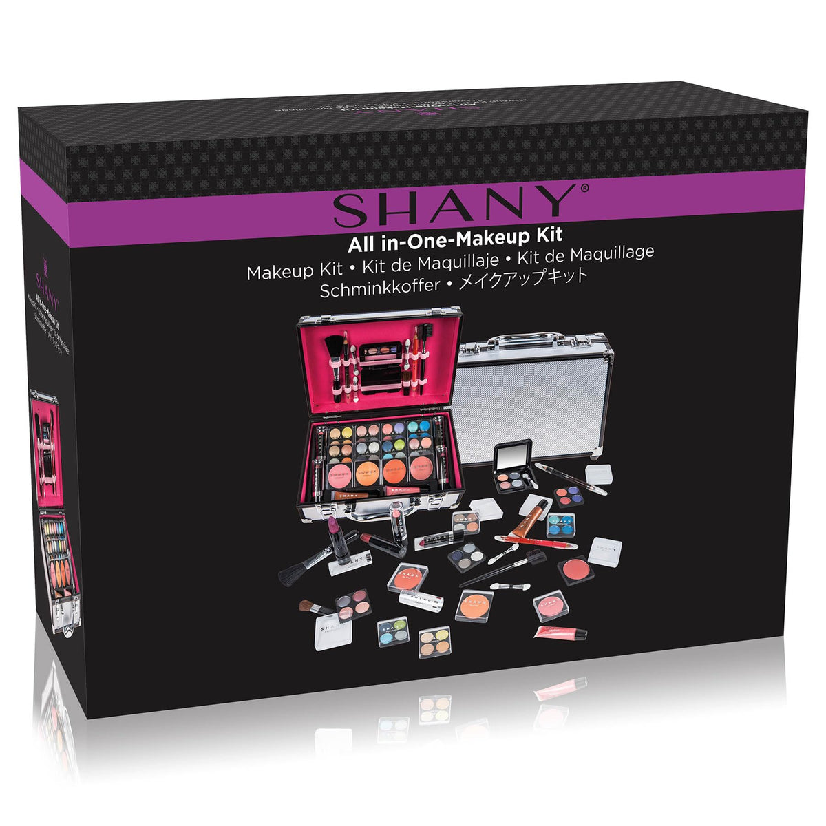 Inside view of SHANY makeup train case with various makeup products
