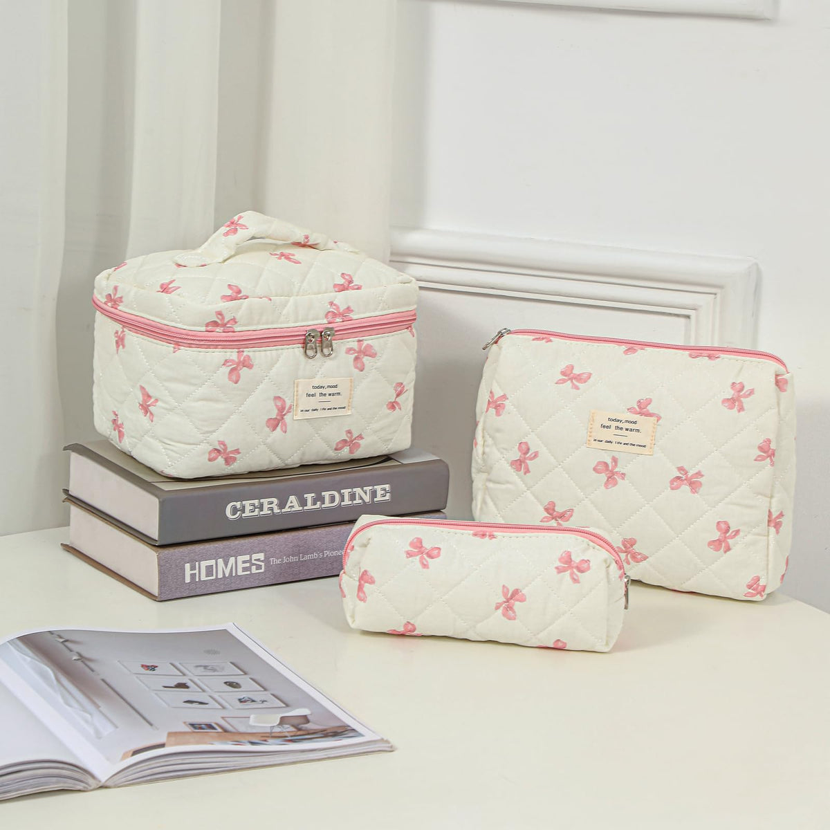 Inside view of uekeboag Floral Cotton Makeup Bag showing storage space