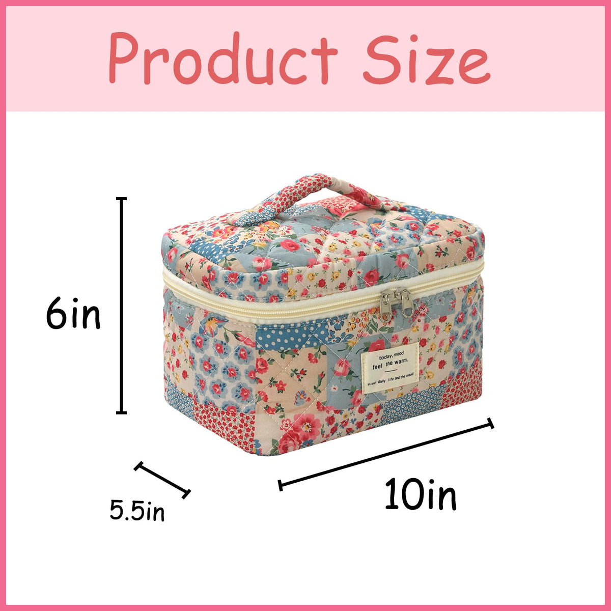 Inside view of uekeboag Large Floral Cotton Makeup Bag with cosmetics