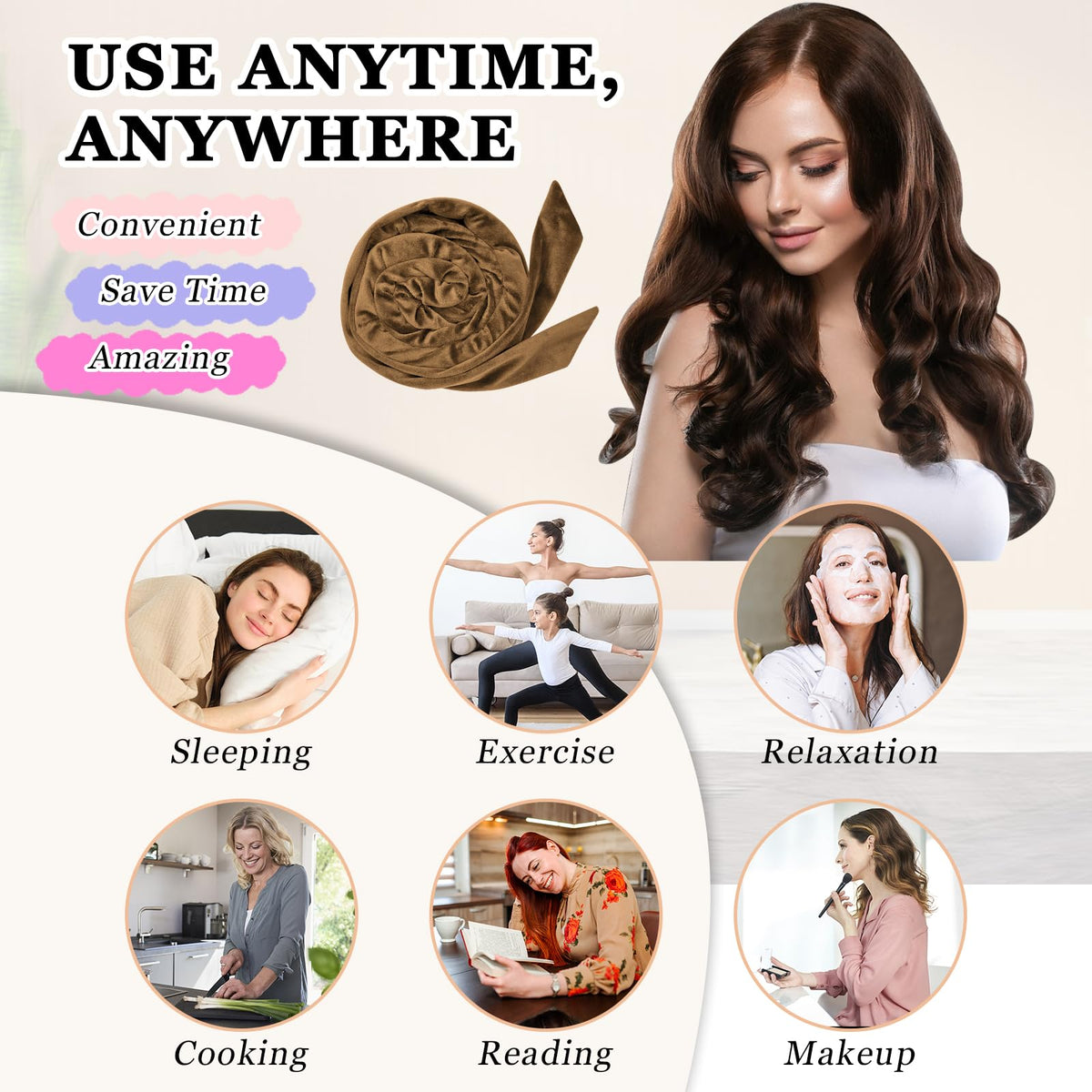 Instructional image showing how to use Gwabee Velvet Heatless Curls headband