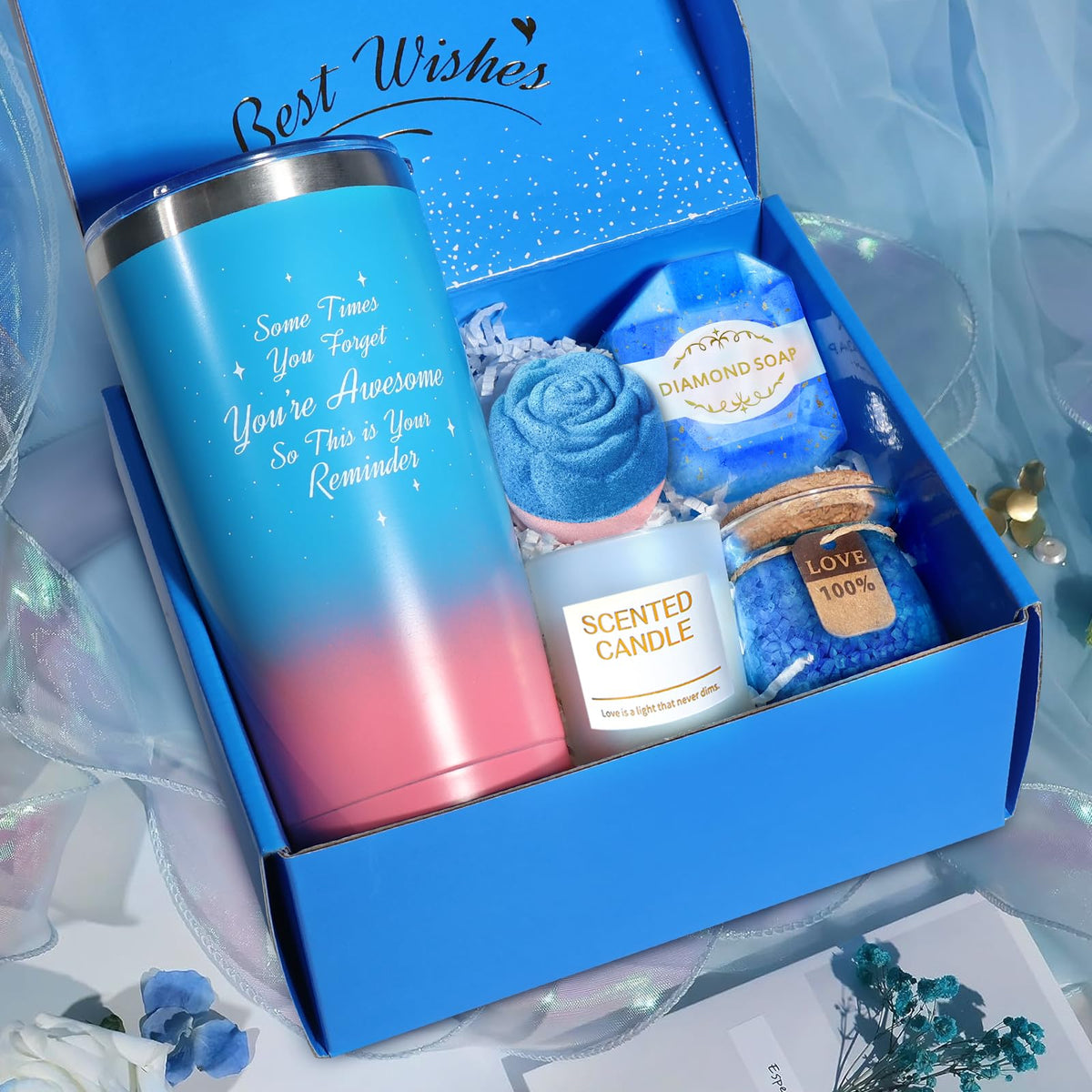 Insulated stainless steel tumbler included in BodyRefresh Spa Gift Basket