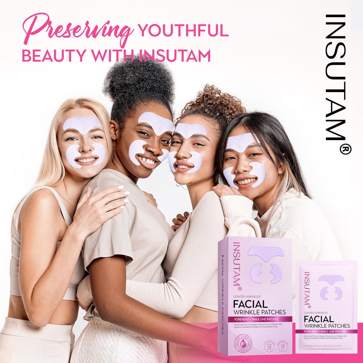 Insutam Forehead Wrinkle Patches with a skincare routine background