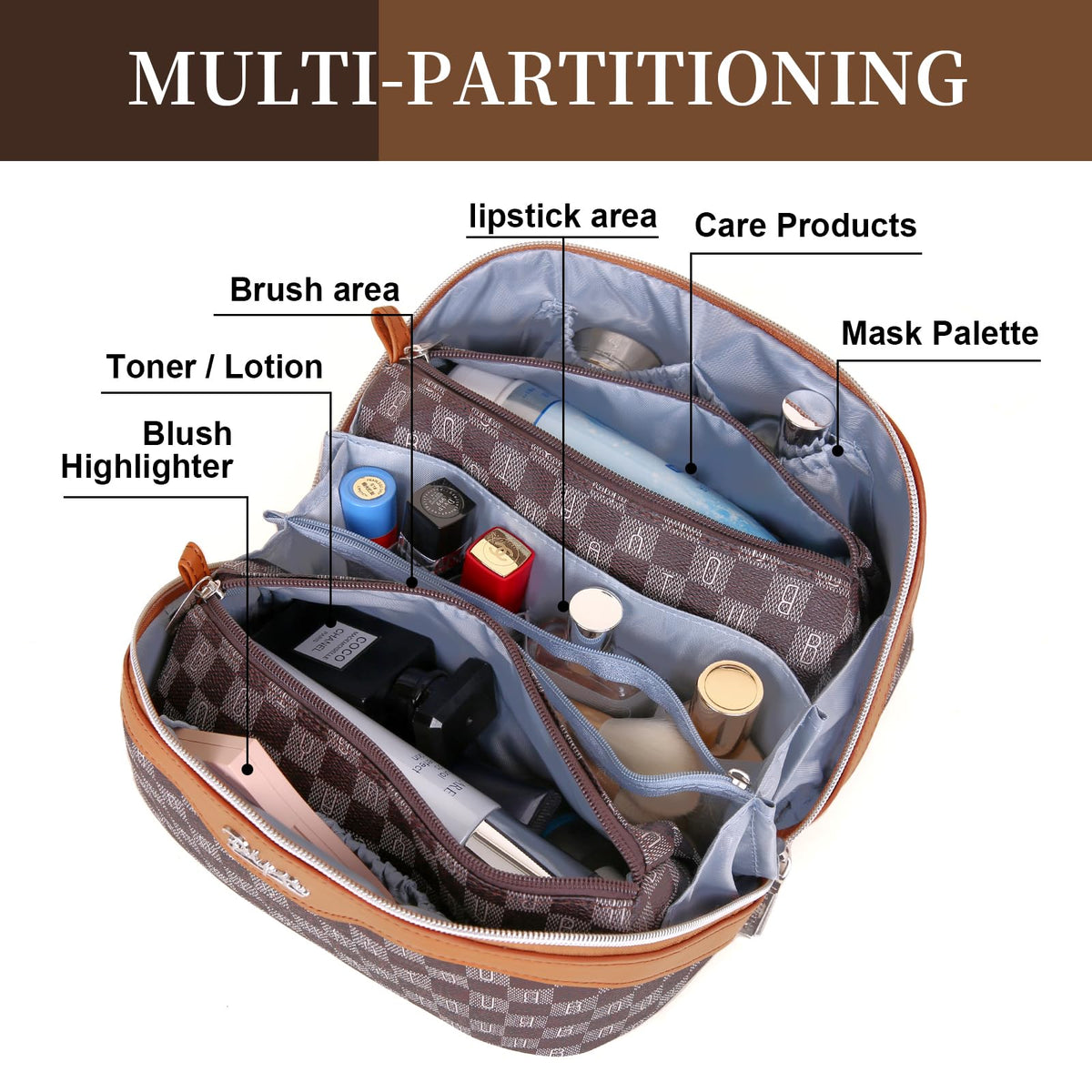 Interior compartments of BOYATU Travel Makeup Bag
