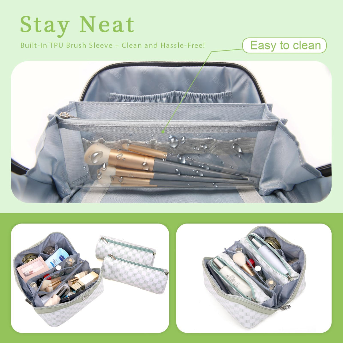 Interior compartments of BOYATU Travel Makeup Bag