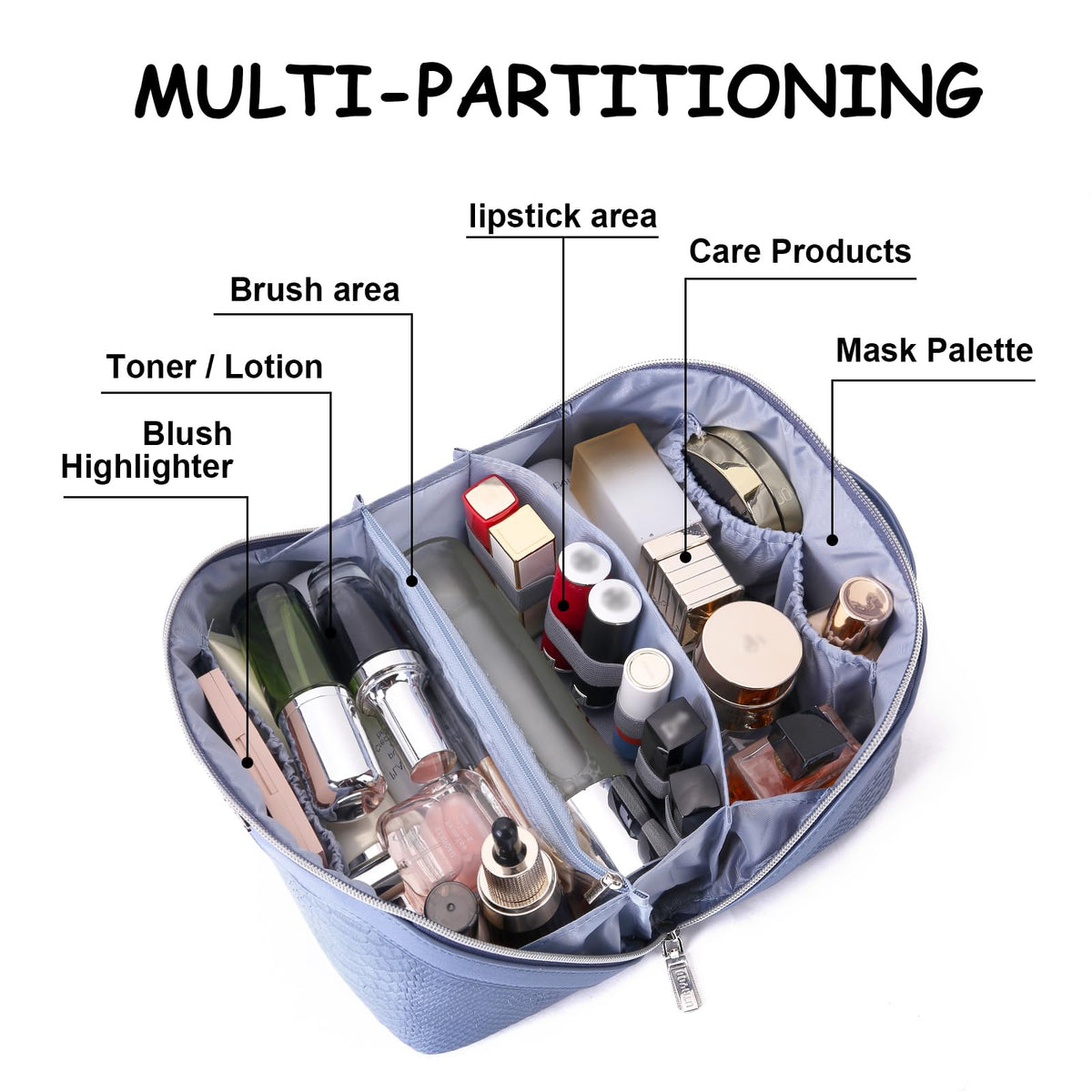 Interior compartments of BOYATU Travel Makeup Bag