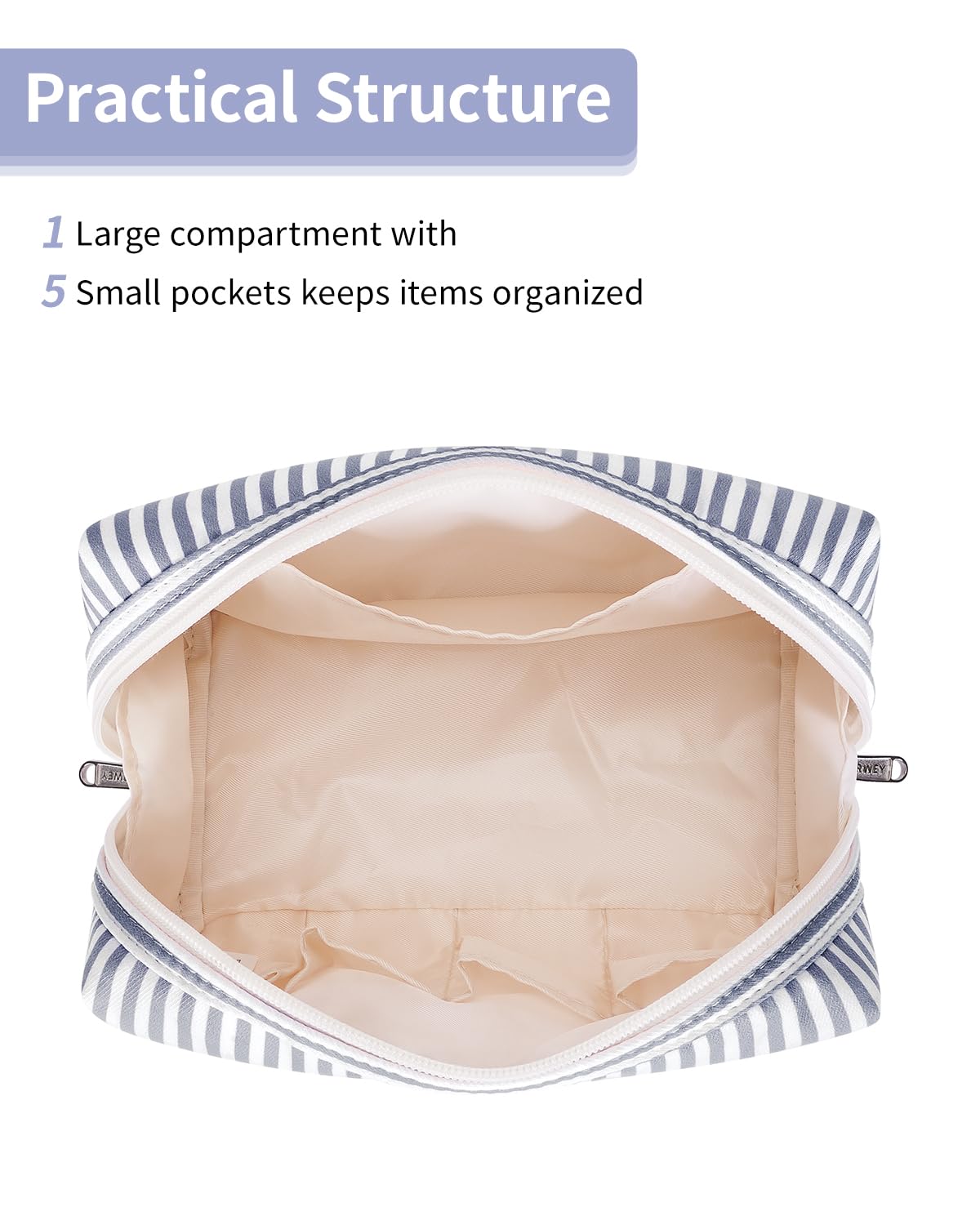 Interior compartments of Narwey Large Striped Makeup Bag showing organization