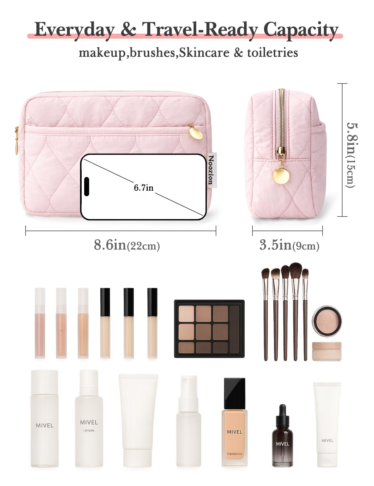 Interior compartments of Noozion Makeup Bag showcasing organized space