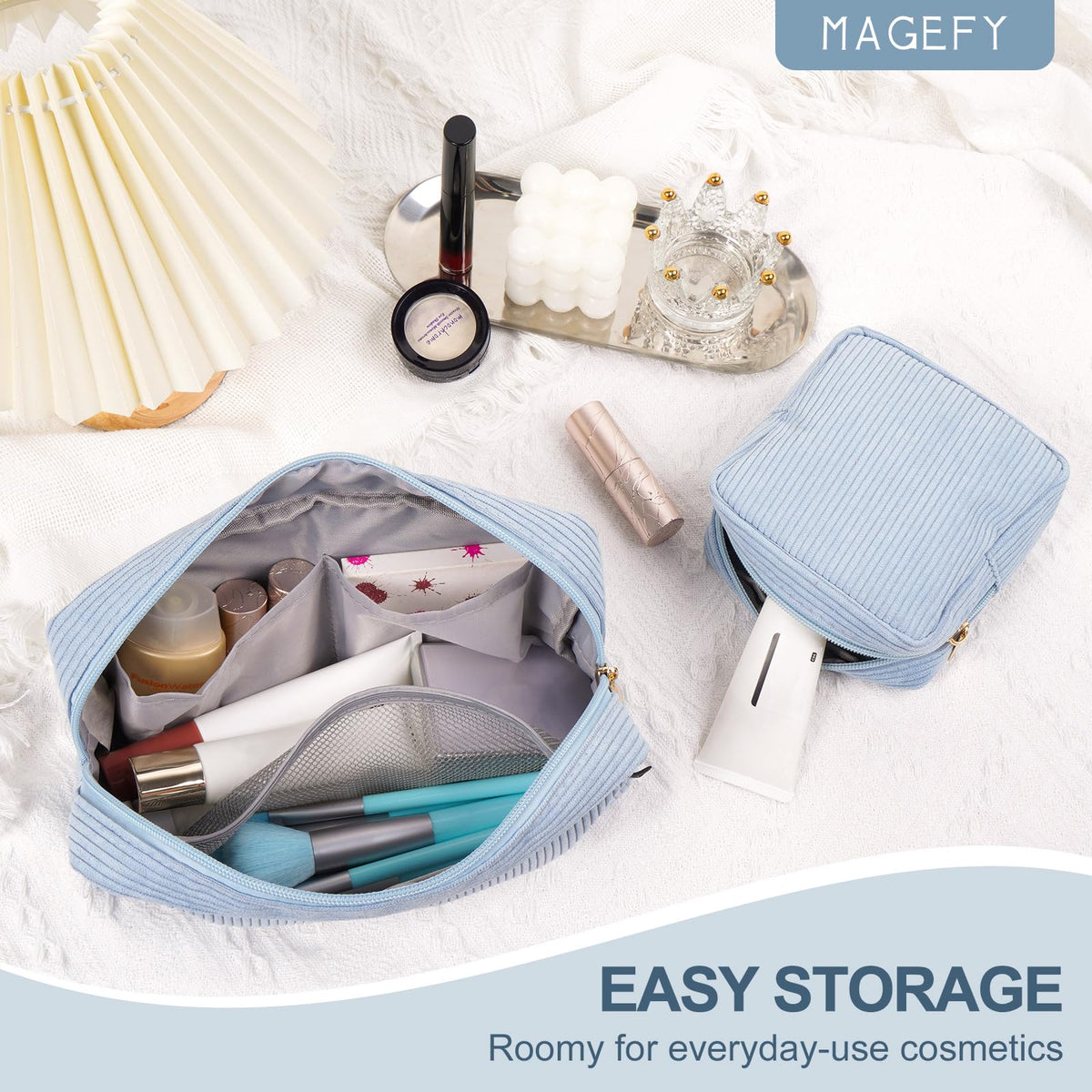 Interior of MAGEFY makeup bag showing pockets for organization