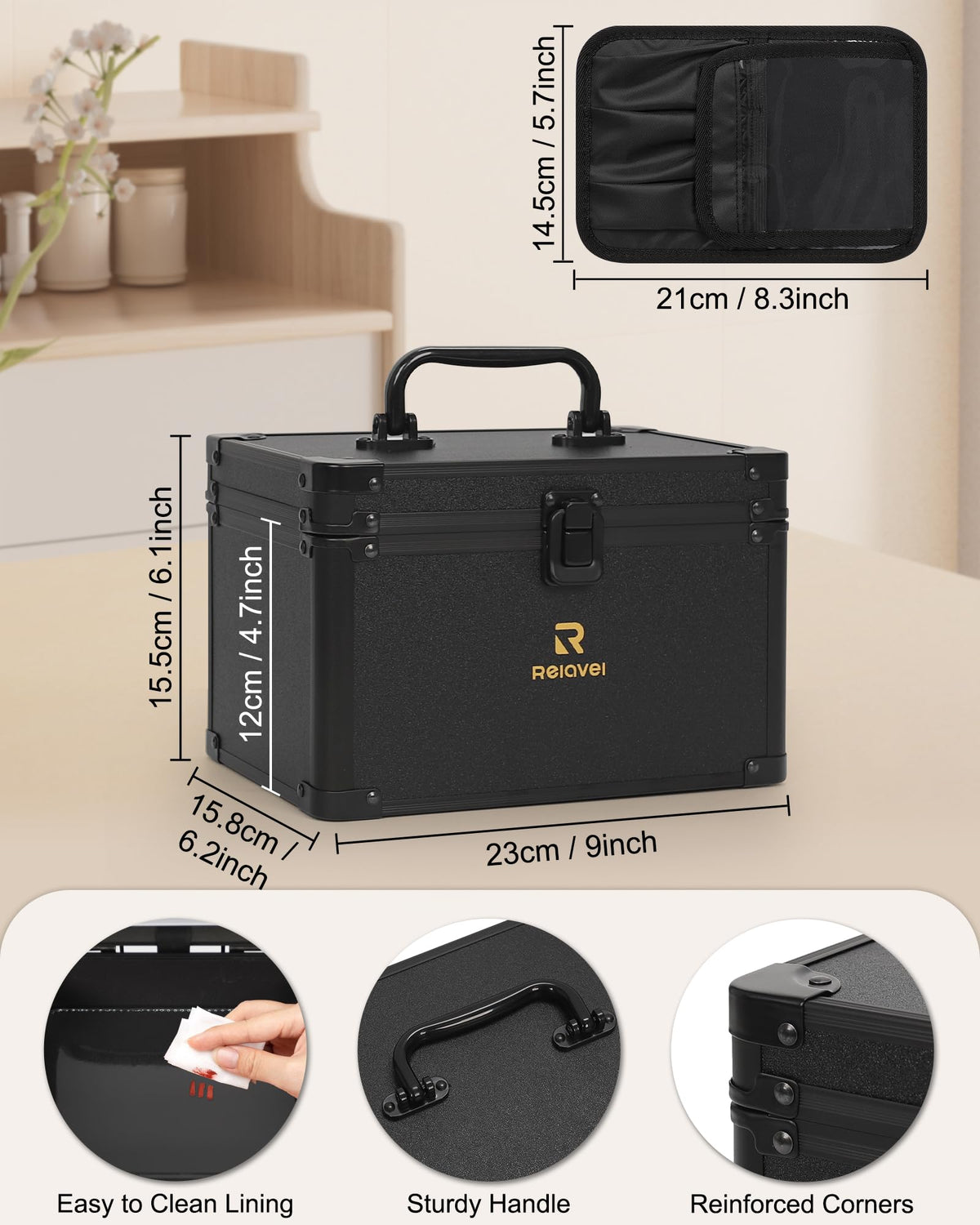 Interior of Relavel Travel Makeup Bag showing adjustable compartments