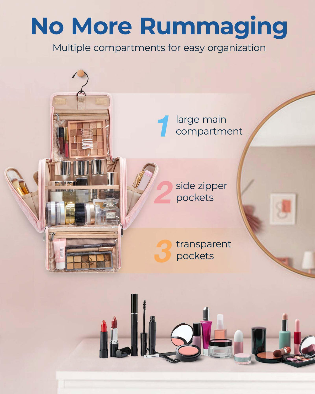 Interior view of BAGSMART Makeup Bag showing transparent pockets
