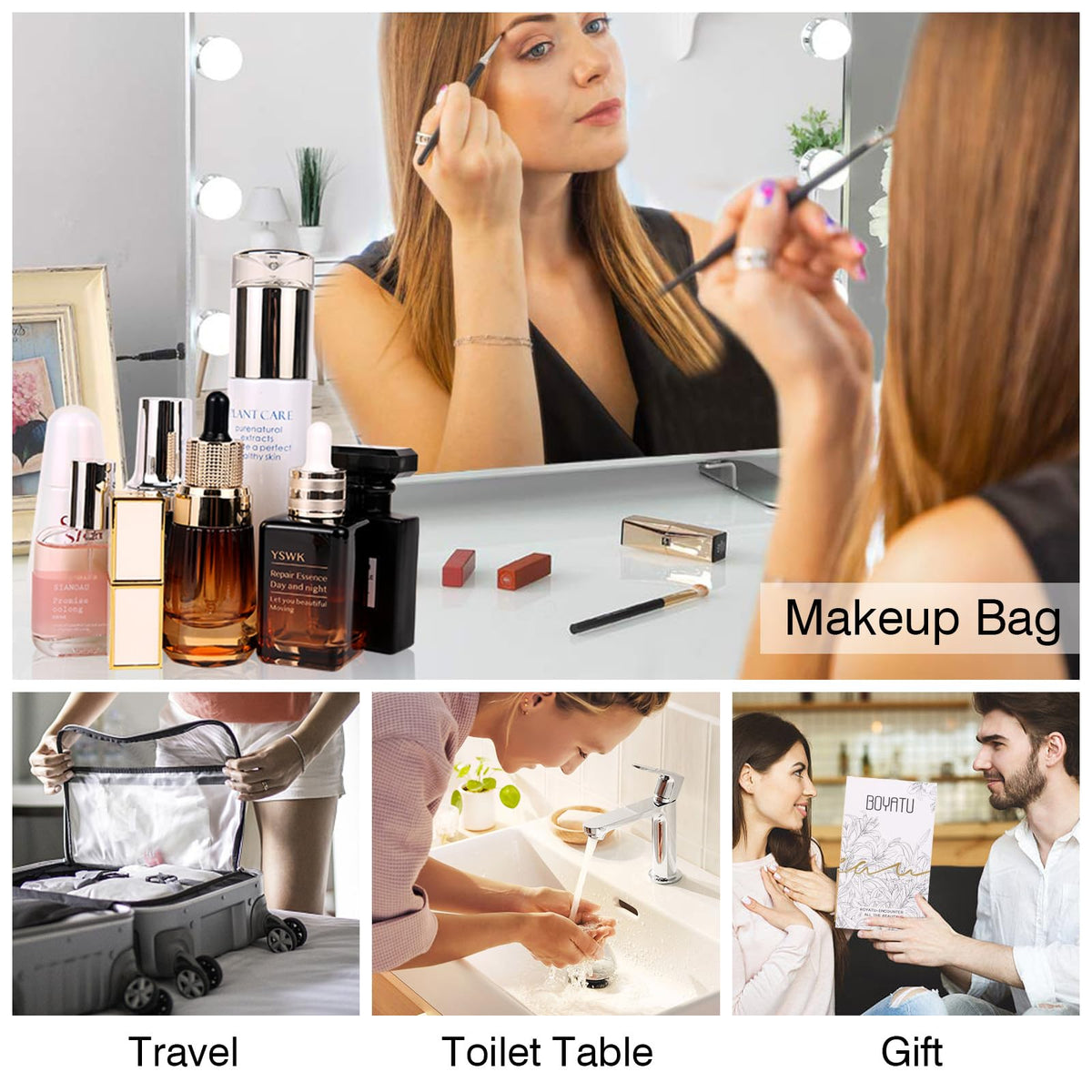Interior view of BOYATU Travel Makeup Bag showing organization