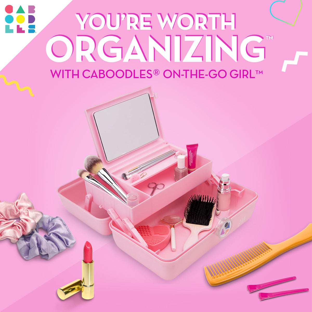 Interior view of Caboodles On-the-Go Girl Cosmetic Organizer with compartments