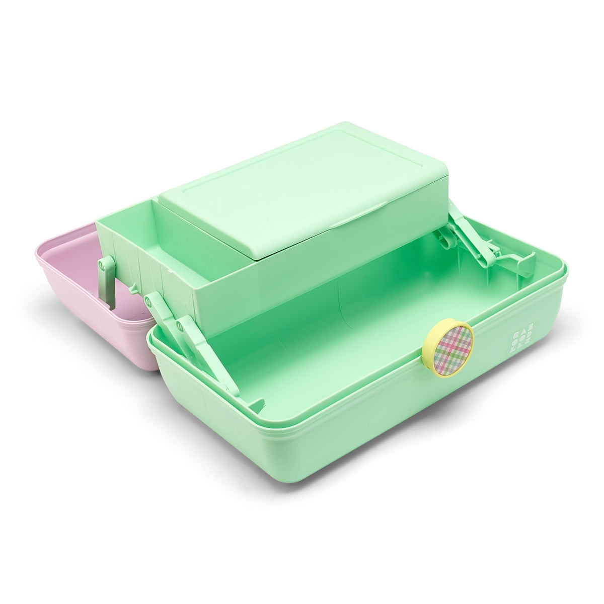 Interior view of Caboodles On-The-Go Girl Makeup Box showing compartments and built-in mirror