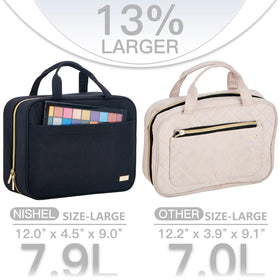 Interior view of NISHEL Travel Toiletry Bag with toiletries