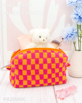Interior view of PAZIMIIK Checkered Makeup Bag showing storage space