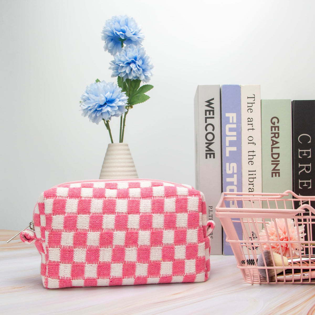 Interior view of PAZIMIIK Checkered Makeup Bag showing storage space