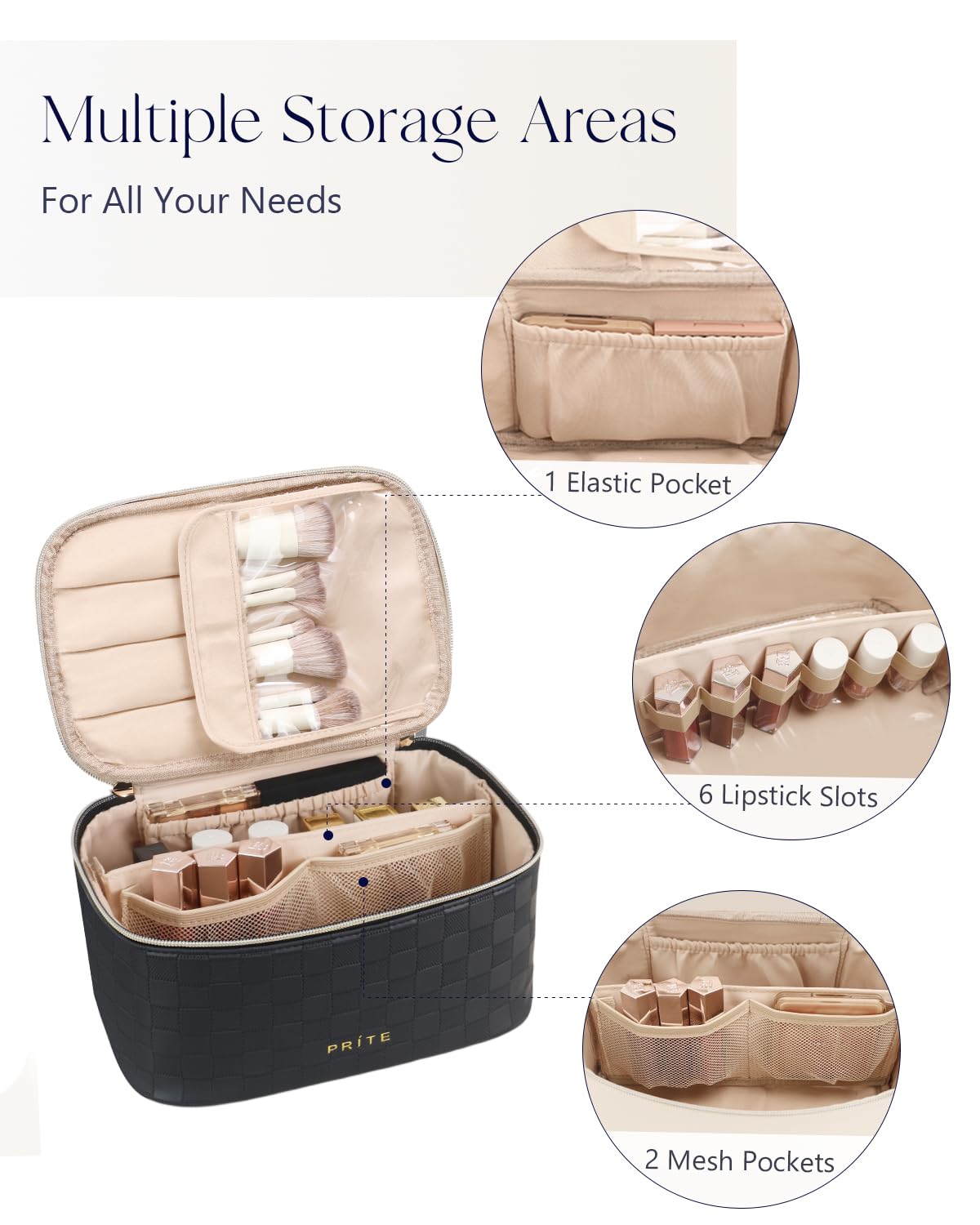 Interior view of Prite Makeup Bag showing compartments and brush holder