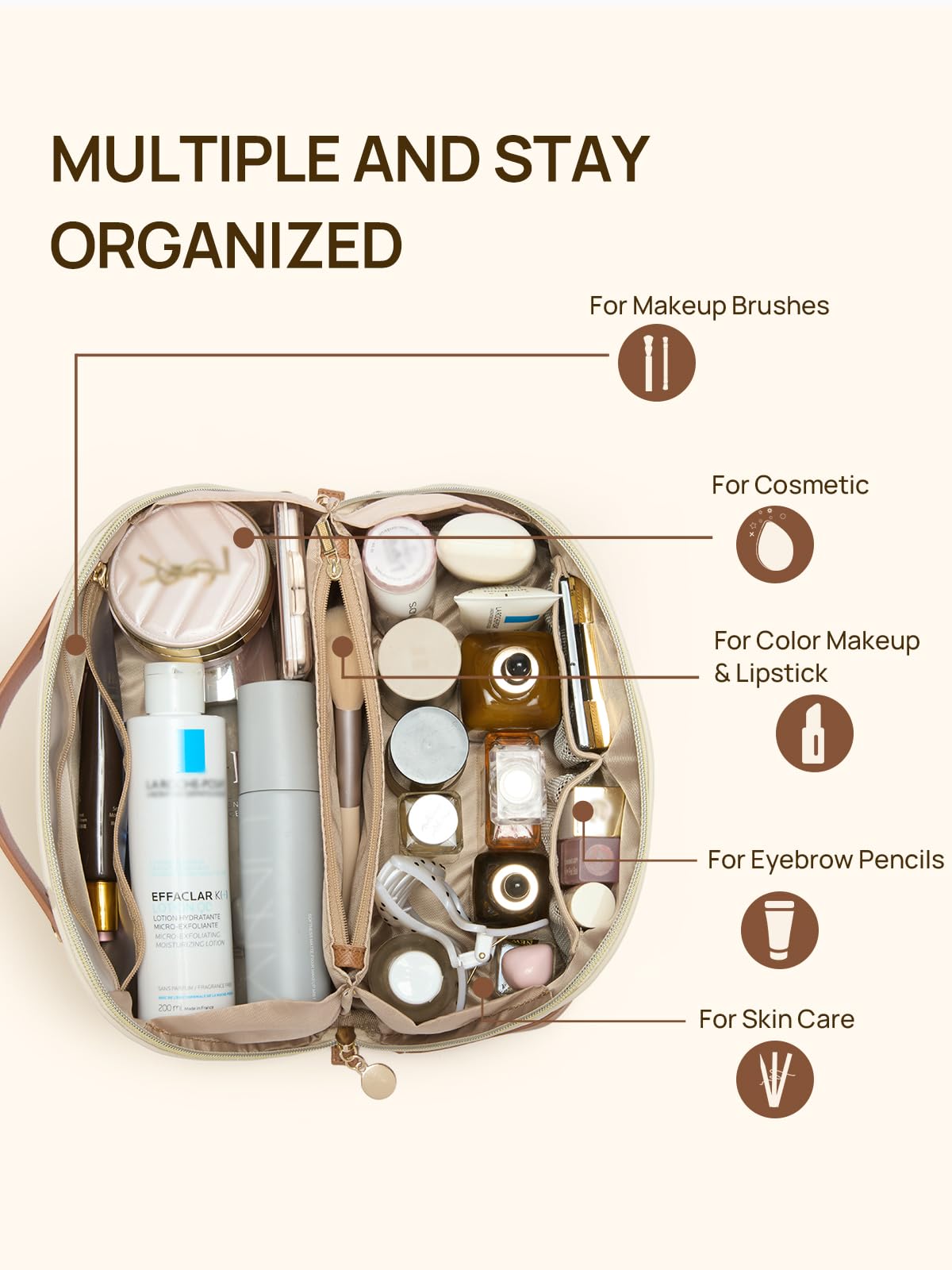 Interior view of Telena Makeup Bag with organized compartments