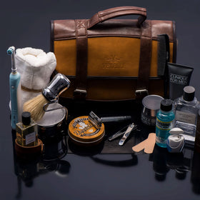 Interior view of Vetelli Leather Toiletry Bag with snap-fastened pockets
