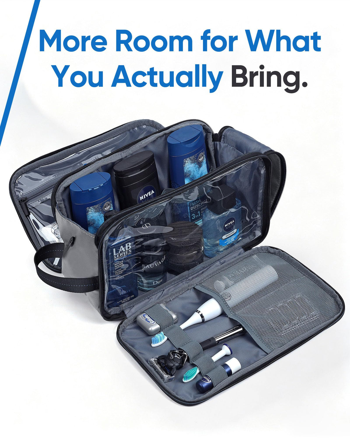 Interior view of ZEEMO Travel Toiletry Bag with organized pockets