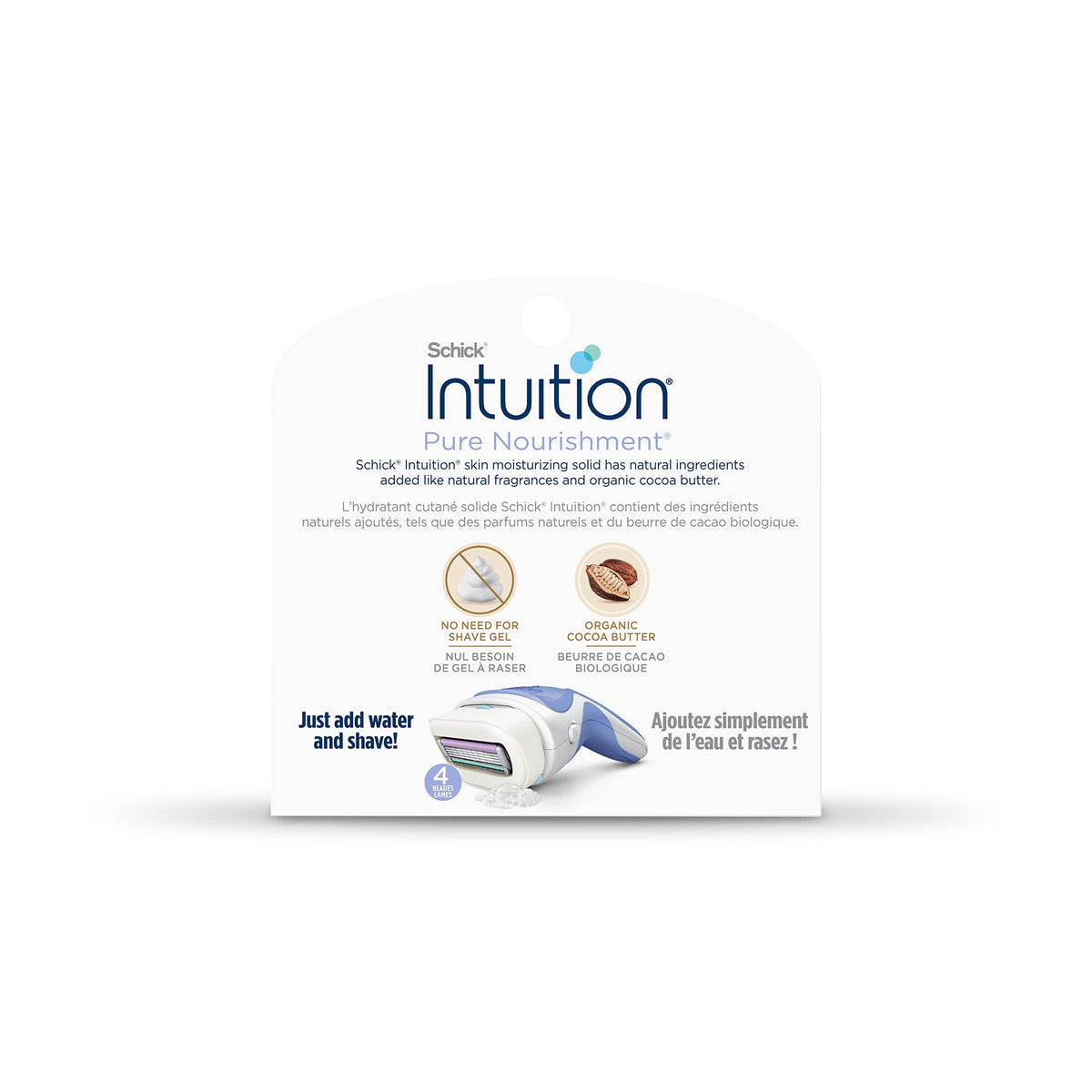 INTUITION Pure Nourishment Razor Refills pack on a bathroom counter