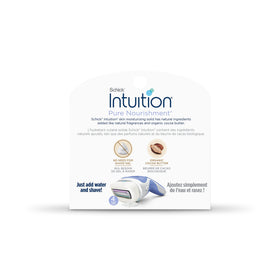 INTUITION Pure Nourishment Razor Refills pack on a bathroom counter