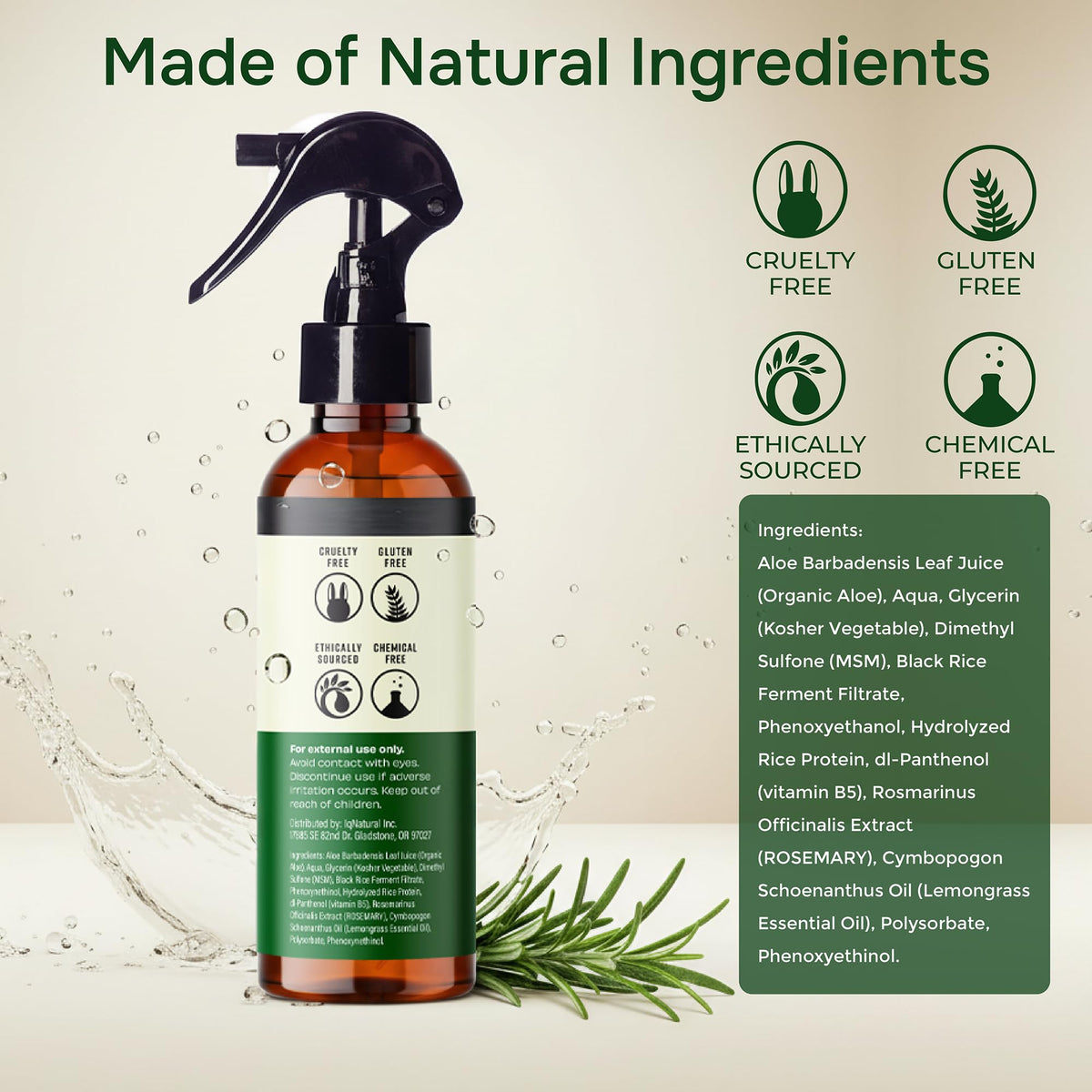IQNATURAL Rosemary Water Spray in hand