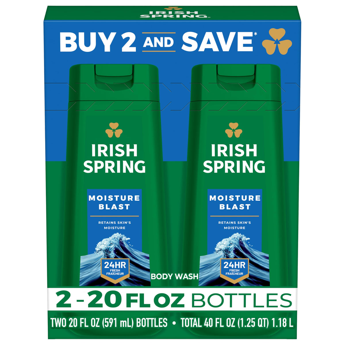 Irish Spring Moisture Blast Body Wash for Men front view, two 20 fl oz bottles