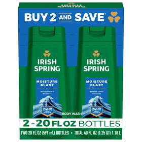 Irish Spring Moisture Blast Body Wash for Men front view, two 20 fl oz bottles