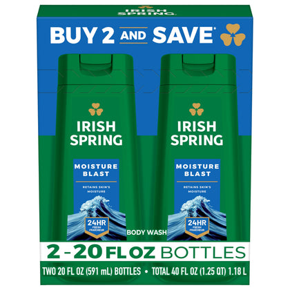 Irish Spring Moisture Blast Body Wash for Men front view, two 20 fl oz bottles