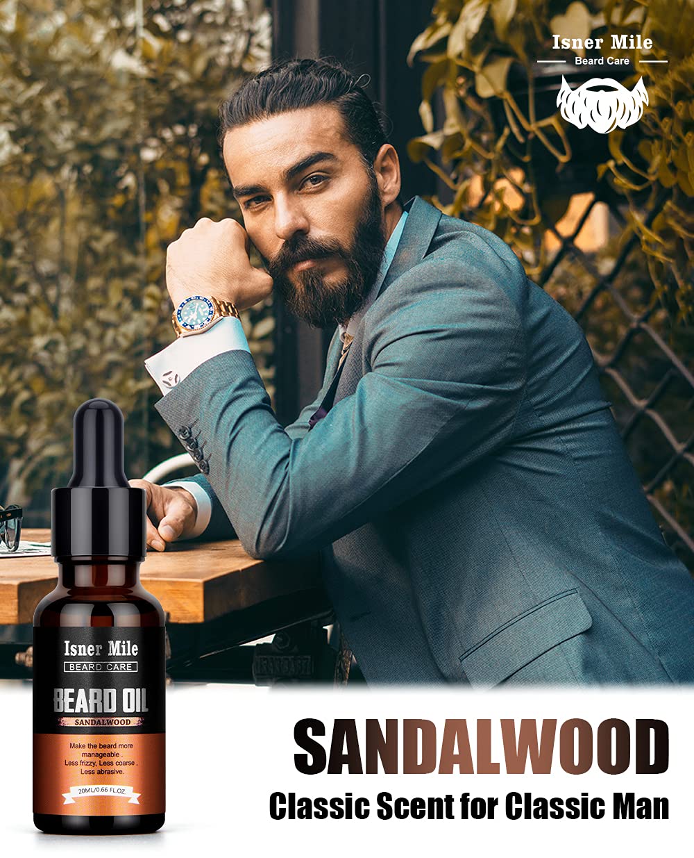 ISNER MILE Beard Oil Set displayed on a wooden table