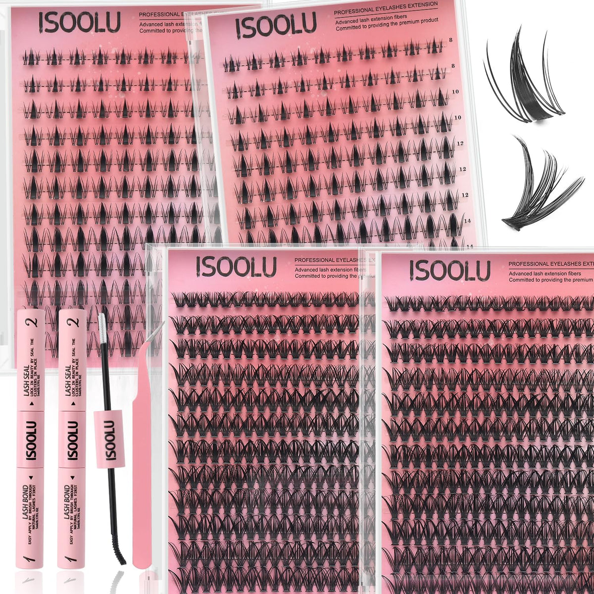 ISOOLU Lash Clusters Kit with 240 lashes and bond seal