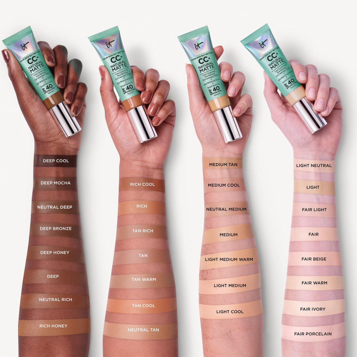 IT Cosmetics CC+ Cream Natural Matte Tan Warm shade comparison