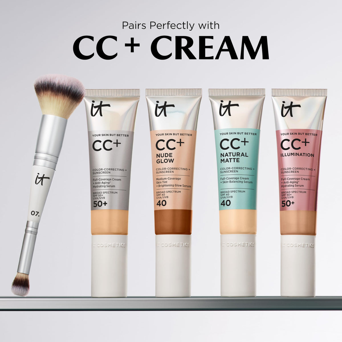 IT Cosmetics Heavenly Luxe brush on a vanity with makeup products