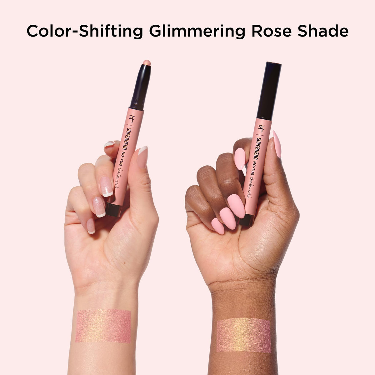 IT Cosmetics Superhero Eyeshadow Stick Glimmering Rose swatch on skin