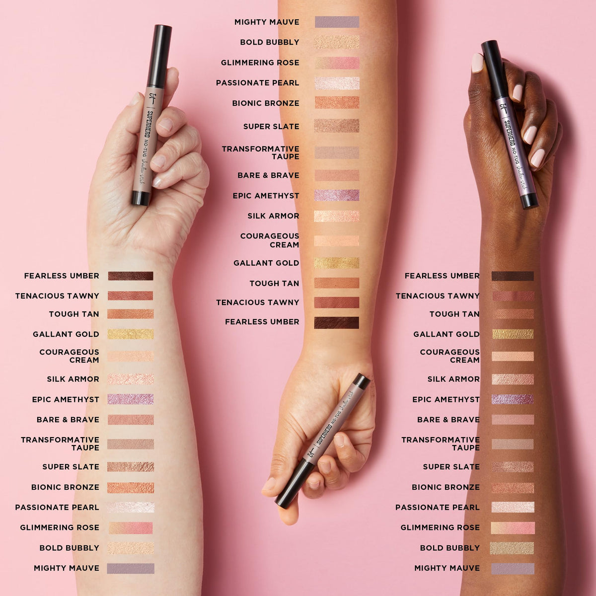 IT Cosmetics Superhero Eyeshadow Stick Glimmering Rose with other makeup products
