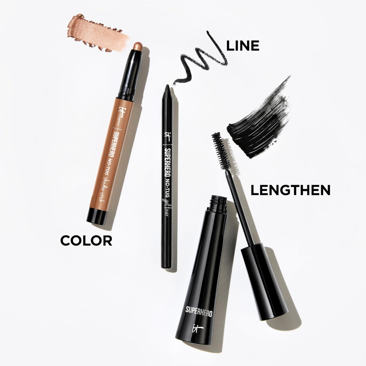 IT Cosmetics Superhero Mascara in Brave Brown with other makeup products
