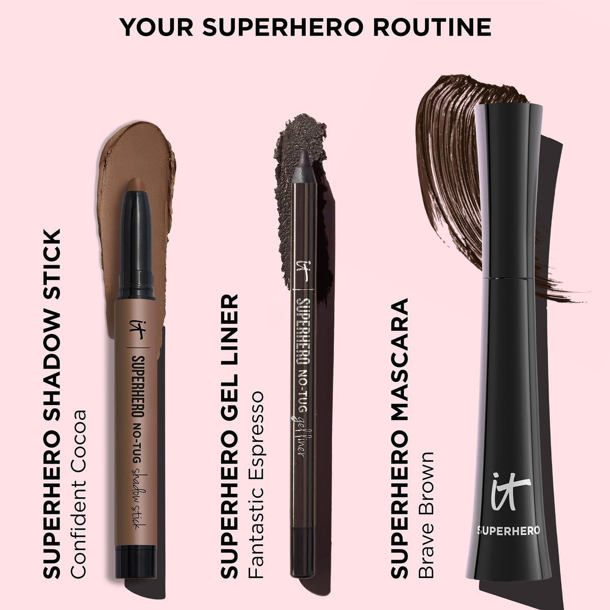IT Cosmetics Superhero No-Tug Eyeshadow Stick next to beauty tools