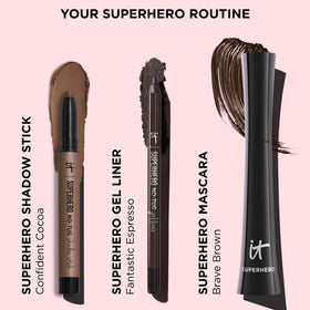 IT Cosmetics Superhero No-Tug Eyeshadow Stick next to beauty tools