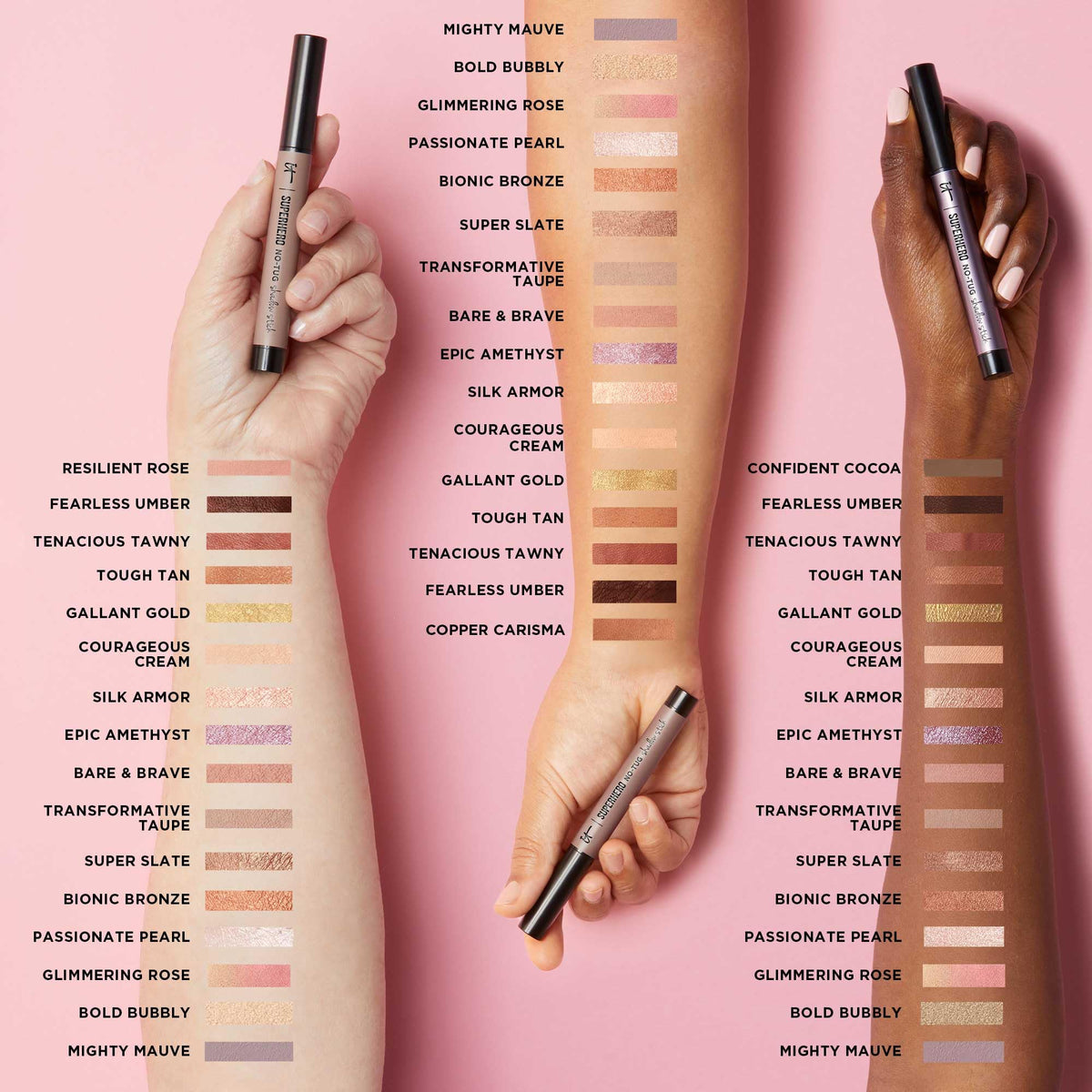 IT Cosmetics Superhero No-Tug Eyeshadow Stick on a makeup vanity