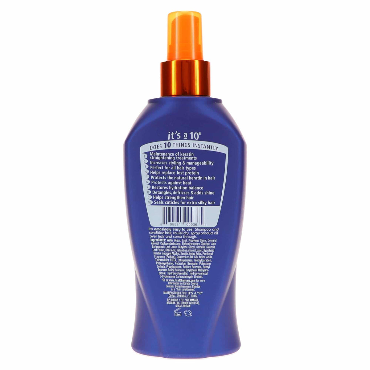 It's a 10 Haircare Miracle Leave-In Plus Keratin Spray back view with ingredient details