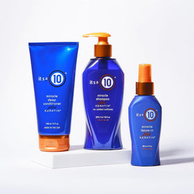 It's a 10 Miracle Leave-In Plus Keratin 4 Oz product on a bathroom counter