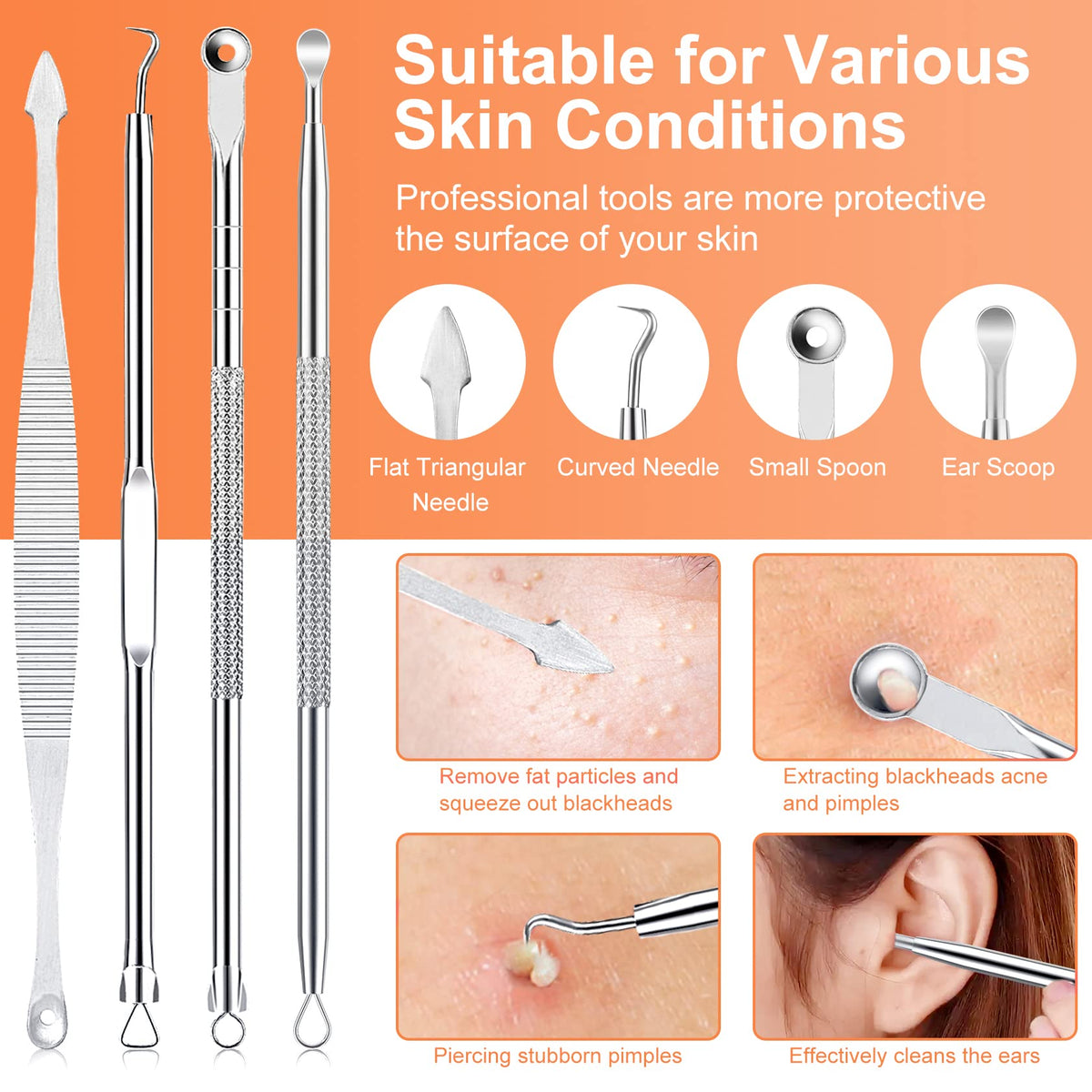 IUMAKEVP stainless steel acne removal tools displayed neatly